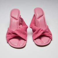 Excellent Pre-Loved Pink Terrycloth Heeled Sandals with Twist Detail and Leather Insoles. (front)