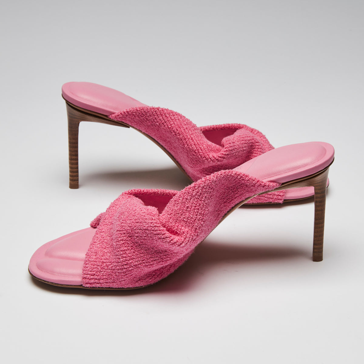 Excellent Pre-Loved Pink Terrycloth Heeled Sandals with Twist Detail and Leather Insoles.( sides)