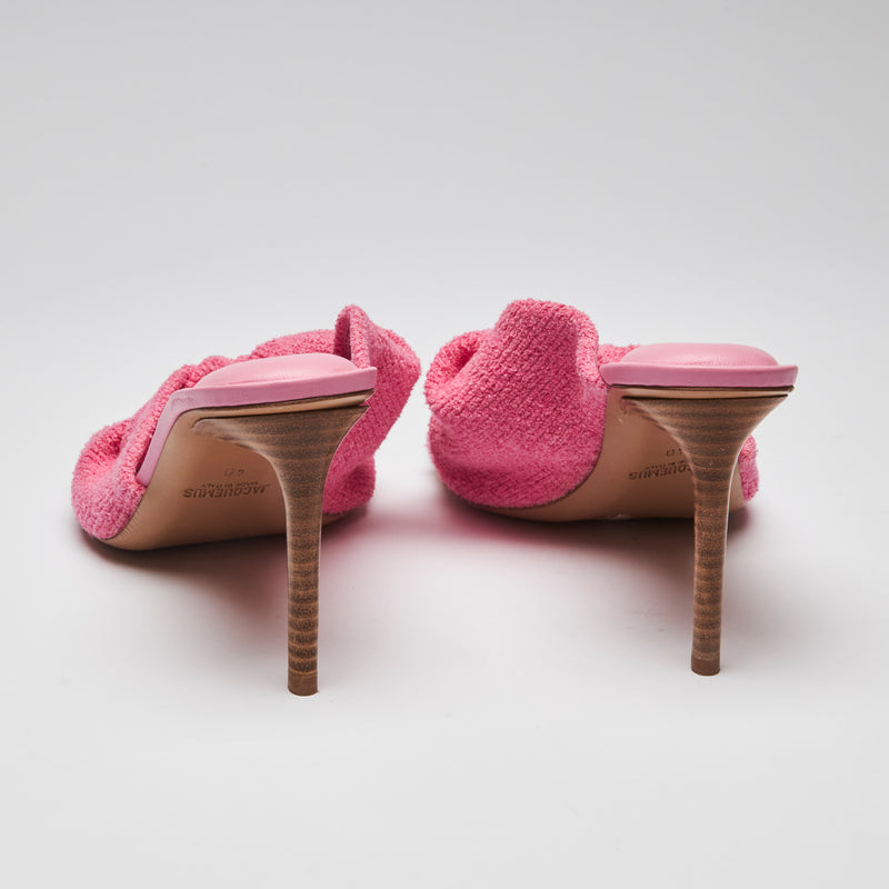 Excellent Pre-Loved Pink Terrycloth Heeled Sandals with Twist Detail and Leather Insoles. (back)