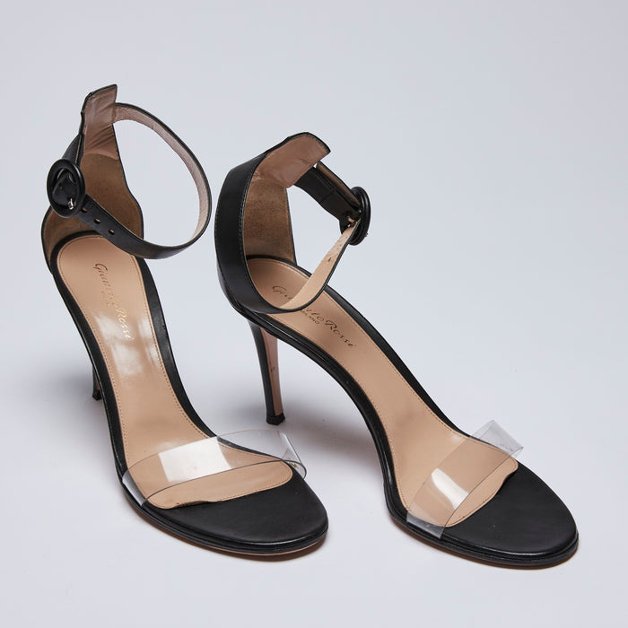 Pre-Loved Black Leather and Clear PVC Strappy Sandals with Ankle Strap. (front)