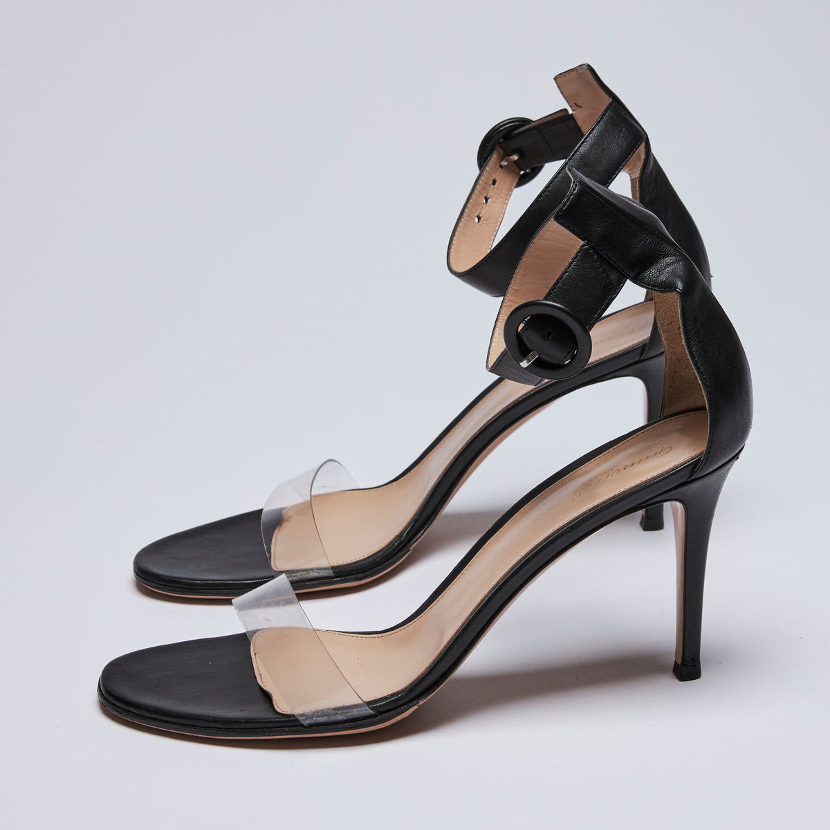 Pre-Loved Black Leather and Clear PVC Strappy Sandals with Ankle Strap.(side)