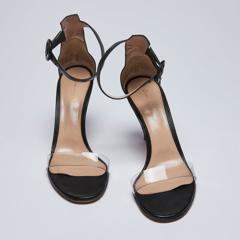 Pre-Loved Black Leather and Clear PVC Strappy Sandals with Ankle Strap.(top)