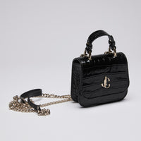 Excellent Pre-Loved Shiny Black Croc Embossed Leather Mini Chain Top Handle Bag. (front)