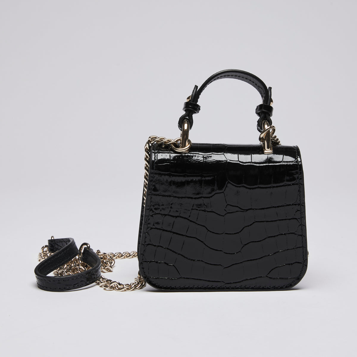 Excellent Pre-Loved Shiny Black Croc Embossed Leather Mini Chain Top Handle Bag.(back)