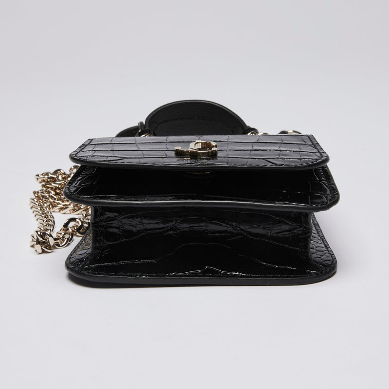Excellent Pre-Loved Shiny Black Croc Embossed Leather Mini Chain Top Handle Bag.(bottom)
