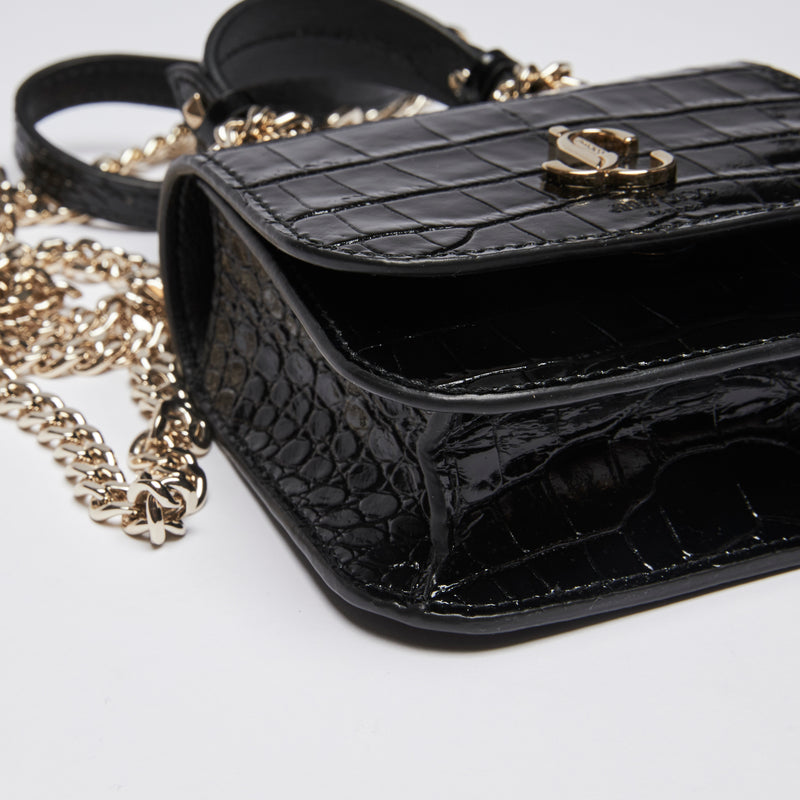 Excellent Pre-Loved Shiny Black Croc Embossed Leather Mini Chain Top Handle Bag. (corner)