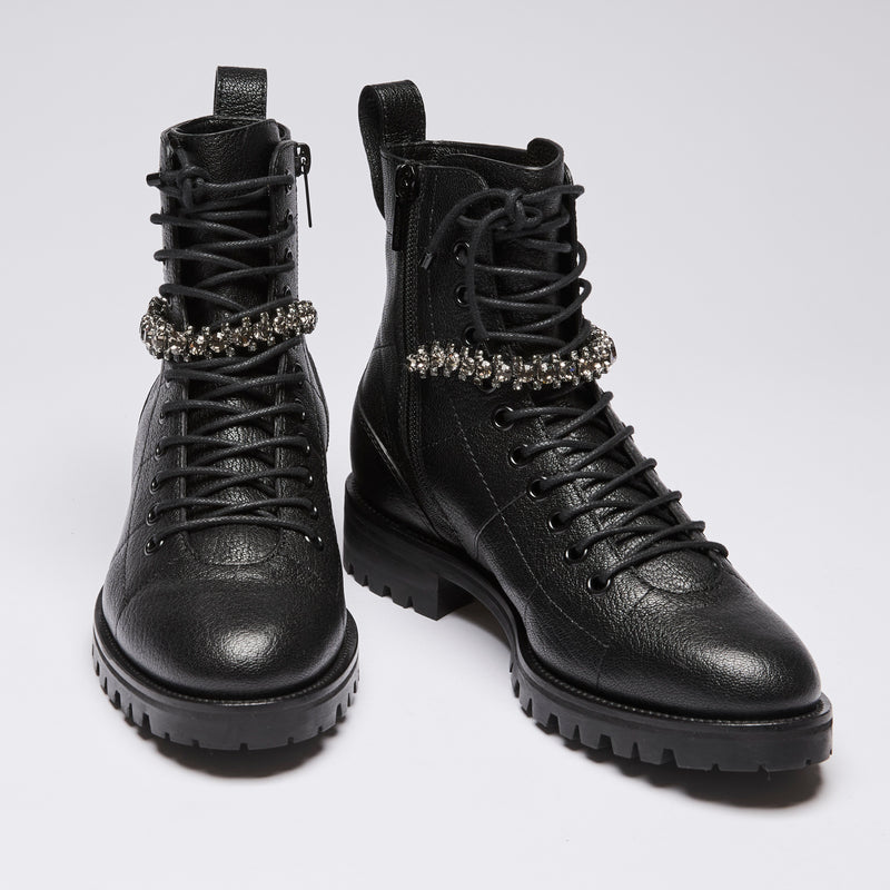 Jimmy Choo Black Leather Biker Boots with Crystal Embellished Ankle Strap Size 36.5