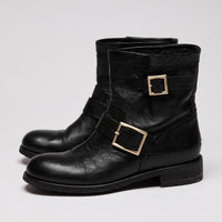 Jimmy Choo Black Youth Leather Ankle Boots With Gold Buckles Size 38.5