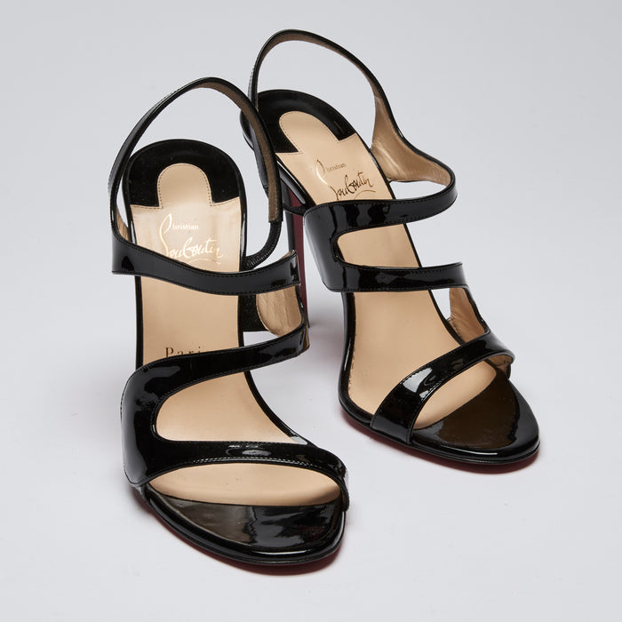 Excellent Pre-Loved Black Patent Leather Strappy Heels.(front)