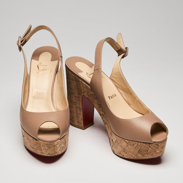 Louboutin "Donna Anna" Sandals in Beige Leather and Cork, Size 40