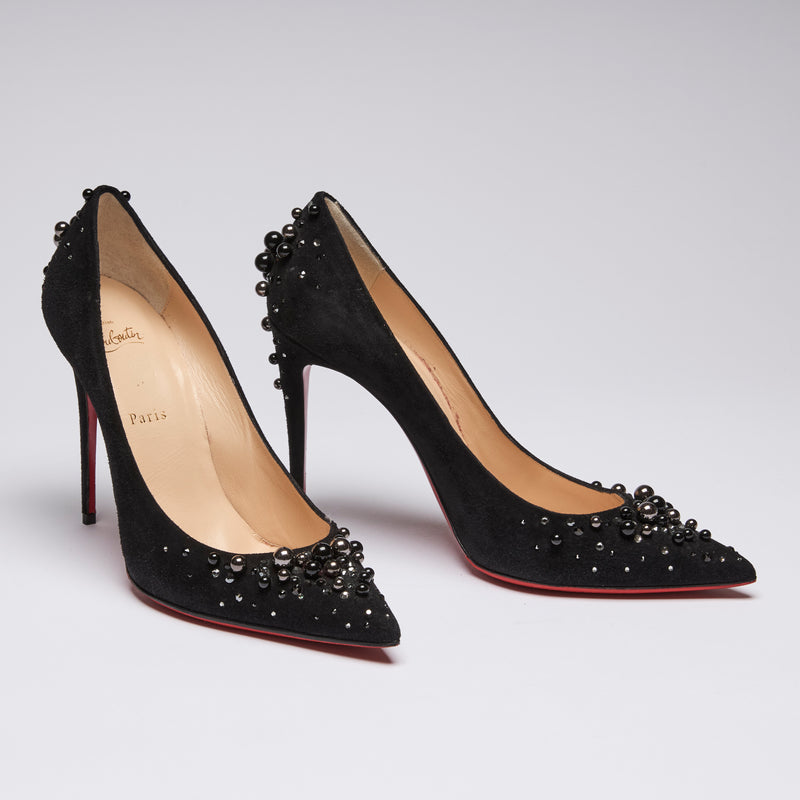 Christian Louboutin Black Suede Candidate Pumps with Faux Pearl Embellishment Size 41(side)