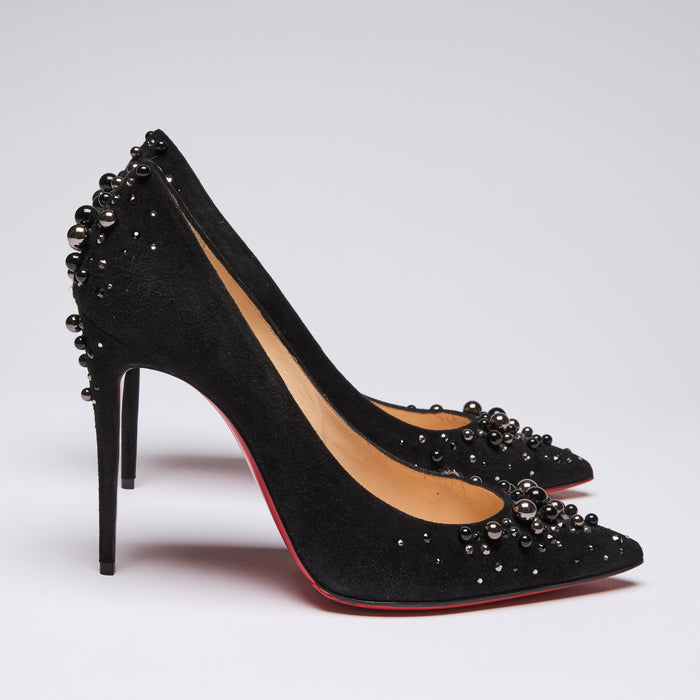 Christian Louboutin Black Suede Candidate Pumps with Faux Pearl Embellishment Size 41 (side)