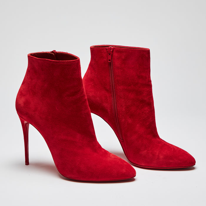 Pre-Loved Red Suede Stiletto Heel Ankle Boots with Side Zip. (side)