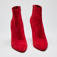 Pre-Loved Red Suede Stiletto Heel Ankle Boots with Side Zip. (front)