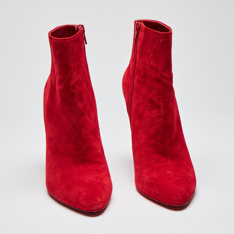 Pre-Loved Red Suede Stiletto Heel Ankle Boots with Side Zip. (front)