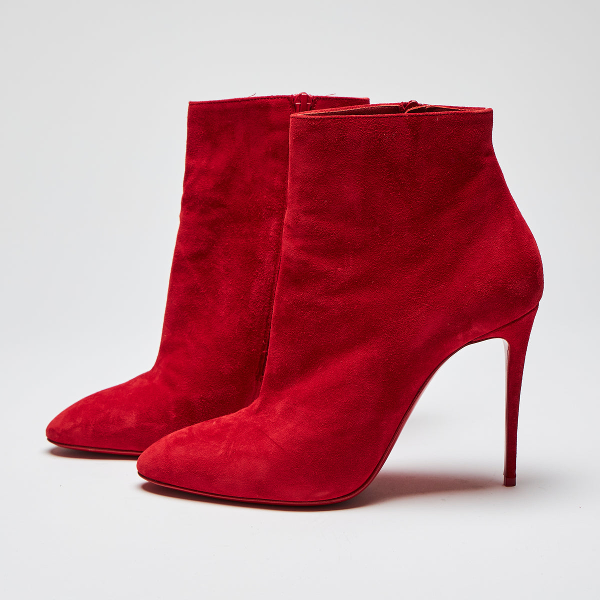 Pre-Loved Red Suede Stiletto Heel Ankle Boots with Side Zip.  (side)