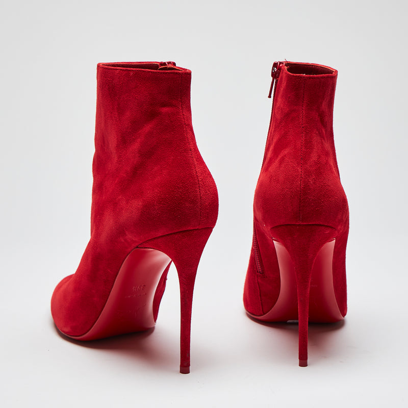 Pre-Loved Red Suede Stiletto Heel Ankle Boots with Side Zip. (back)