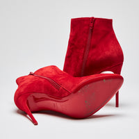 Pre-Loved Red Suede Stiletto Heel Ankle Boots with Side Zip. (bottom)