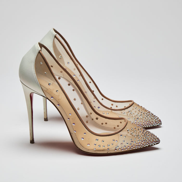 Pre-Loved White Satin Point Toe Heels with Beige Mesh and Crystal Embellishment.(side)