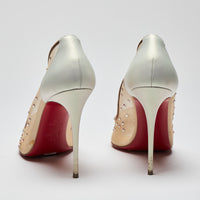 Pre-Loved White Satin Point Toe Heels with Beige Mesh and Crystal Embellishment.(back)