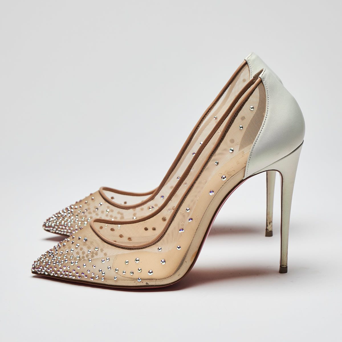 Pre-Loved White Satin Point Toe Heels with Beige Mesh and Crystal Embellishment.(side)