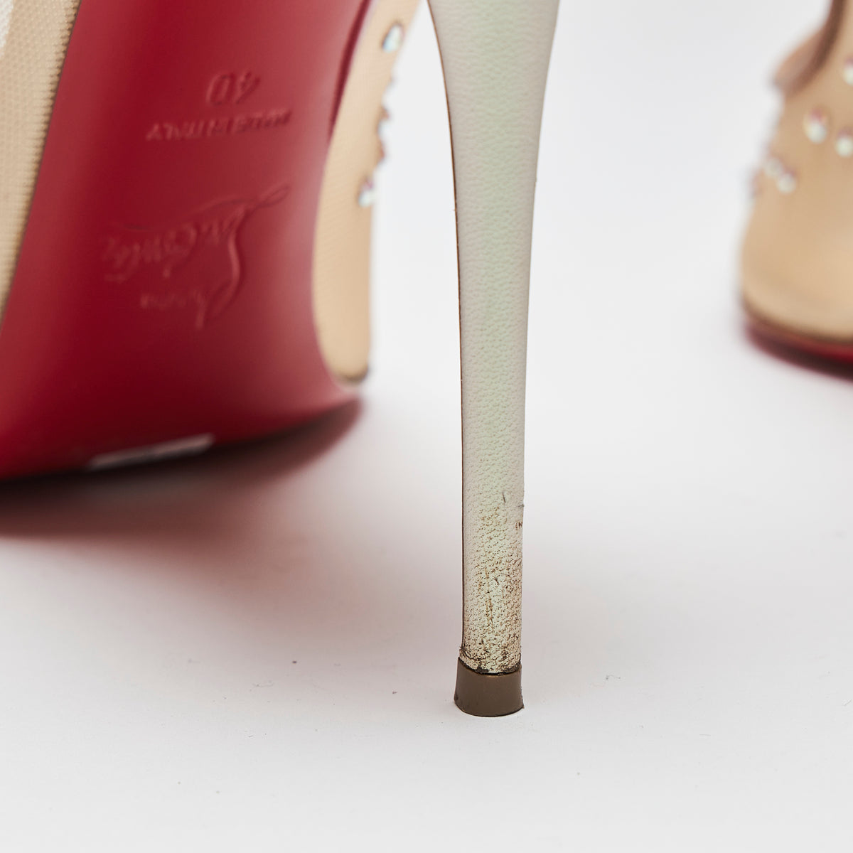 Pre-Loved White Satin Point Toe Heels with Beige Mesh and Crystal Embellishment.(heel Discoloration)