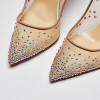 Pre-Loved White Satin Point Toe Heels with Beige Mesh and Crystal Embellishment. (close up)