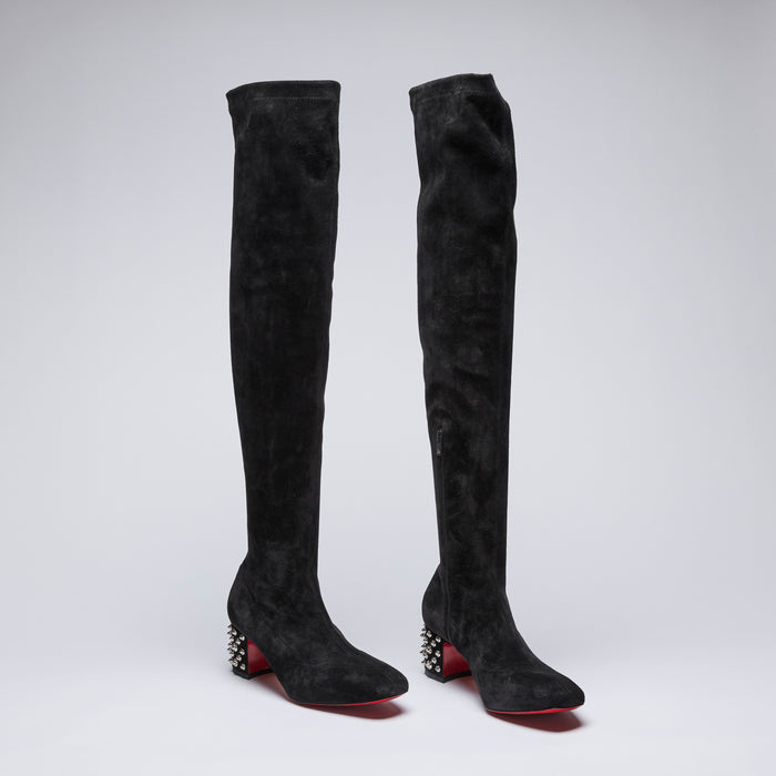 Excellent Pre-Loved Black Suede Knee High Boots with Spike Studded Block Heel.(Front)