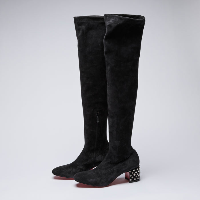 Excellent Pre-Loved Black Suede Knee High Boots with Spike Studded Block Heel.(side)