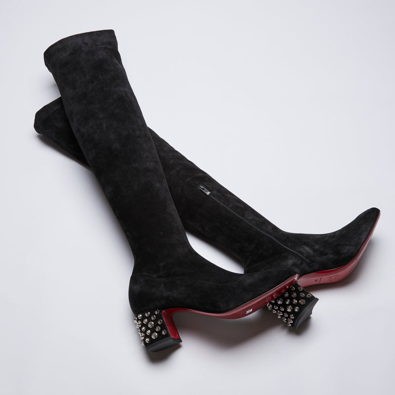 Excellent Pre-Loved Black Suede Knee High Boots with Spike Studded Block Heel.(flat lay)