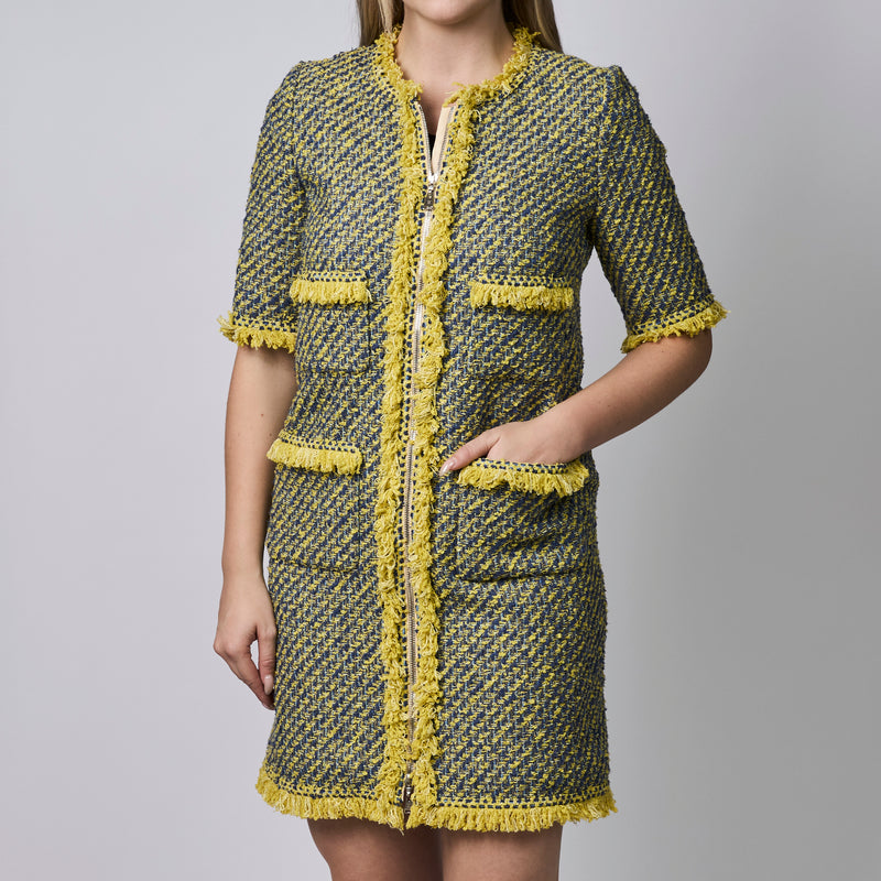 Louis Vuitton Green and Yellow Tweed Zip Dress Size 38