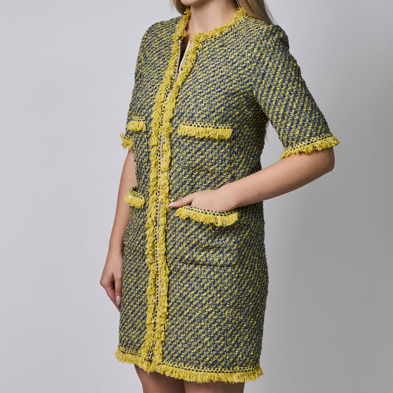 Louis Vuitton Green and Yellow Tweed Zip Dress Size 38