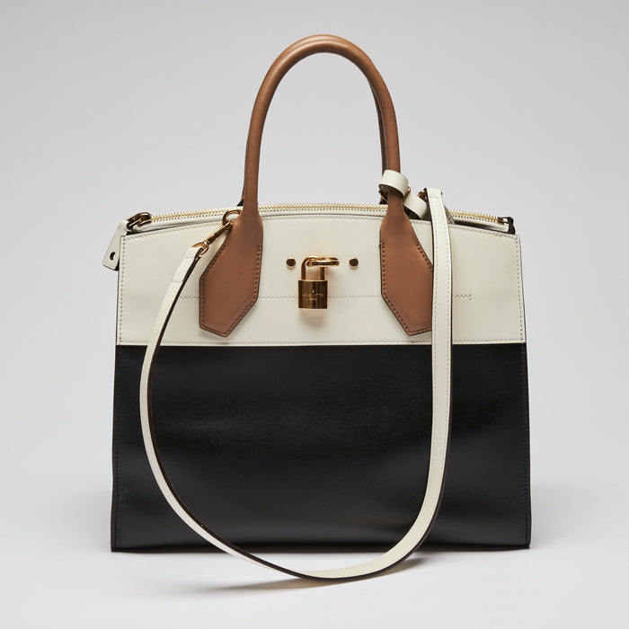 Excellent Pre-Loved Ivory/Dark Beige/Black Smooth Leather Top Handle Bag. (Front)