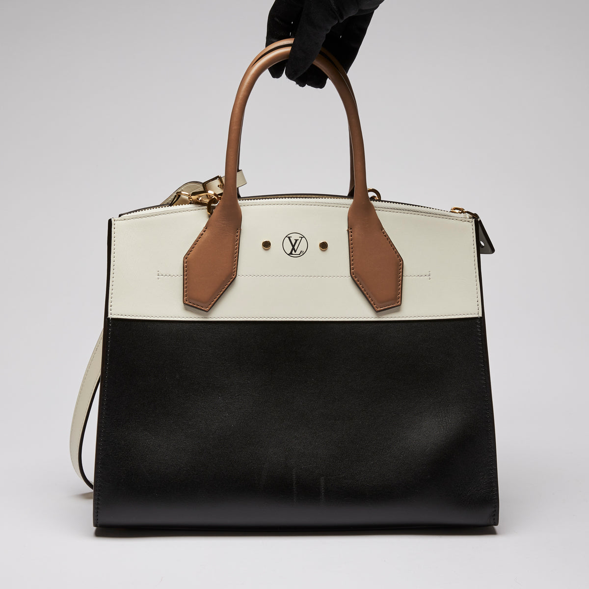 Excellent Pre-Loved Ivory/Dark Beige/Black Smooth Leather Top Handle Bag. (back)