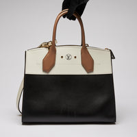 Excellent Pre-Loved Ivory/Dark Beige/Black Smooth Leather Top Handle Bag. (back)