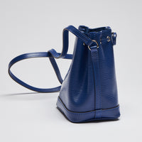 Excellent Pre-Loved Blue Textured Leather Mini Bucket Bag. (side)