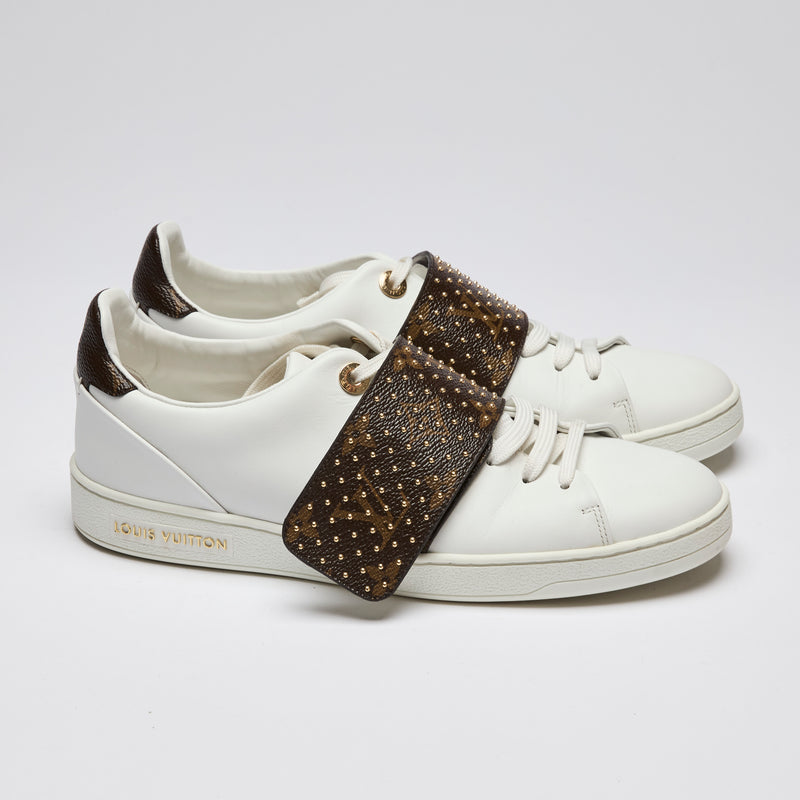 Louis Vuitton White Leather and Monogram Studded Sneakers Size 37.5