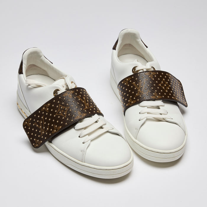 Louis Vuitton White Leather and Monogram Studded Sneakers Size 37.5