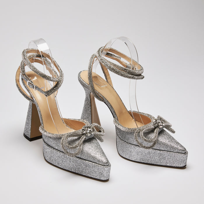 Excellent Pre-Loved Silver Glittered Point Toe Platform Heels with Ankle Straps and Crystal Embellished Double Bow (front)
