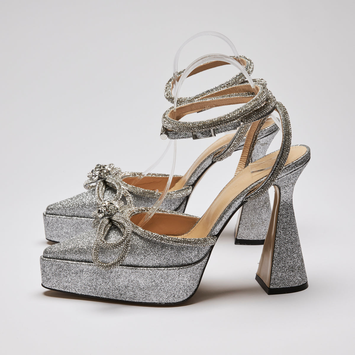 Excellent Pre-Loved Silver Glittered Point Toe Platform Heels with Ankle Straps and Crystal Embellished Double Bow(side)