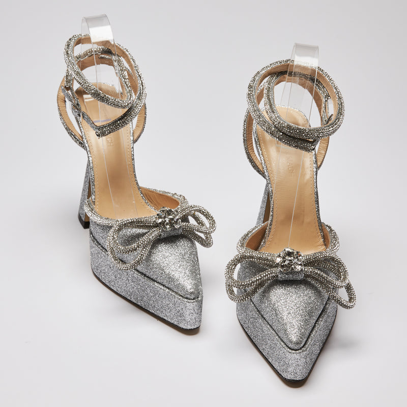 Excellent Pre-Loved Silver Glittered Point Toe Platform Heels with Ankle Straps and Crystal Embellished Double Bow(front)
