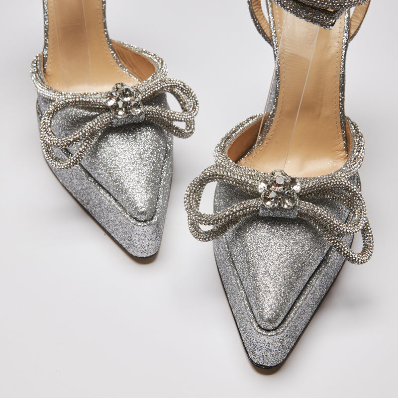 Excellent Pre-Loved Silver Glittered Point Toe Platform Heels with Ankle Straps and Crystal Embellished Double Bow(closeup)