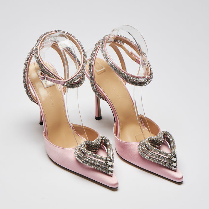 Excellent Pre-Loved Pink Satin Point Toe Open Back Strappy Heels with Crystal Embellished Straps and Heart Ornament.  (front)