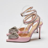 Excellent Pre-Loved Pink Satin Point Toe Open Back Strappy Heels with Crystal Embellished Straps and Heart Ornament.(side)