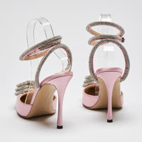 Excellent Pre-Loved Pink Satin Point Toe Open Back Strappy Heels with Crystal Embellished Straps and Heart Ornament.(back)