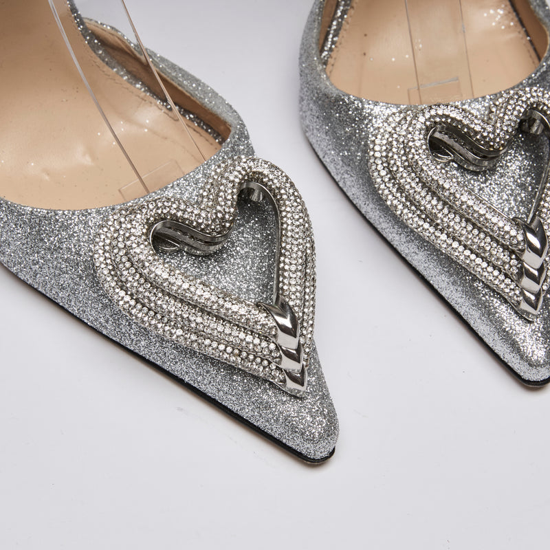 Mach & Mach Silver Glittered Double Crystal Embellished Heart Ankle Strap Heels Size 38.5