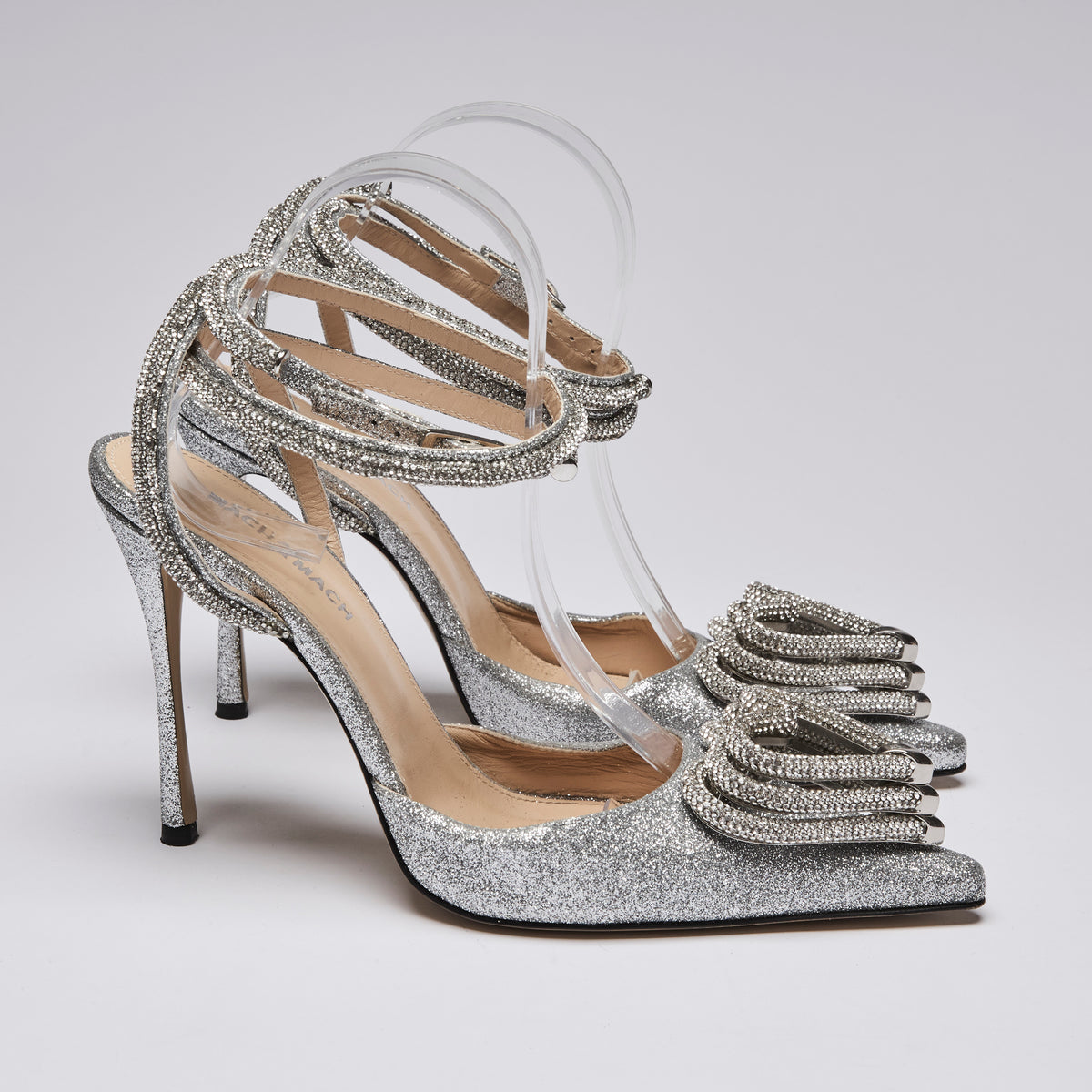 Mach & Mach Silver Glittered Double Crystal Embellished Heart Ankle Strap Heels Size 38.5