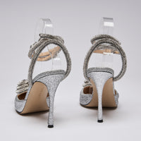 Mach & Mach Silver Glittered Double Crystal Embellished Heart Ankle Strap Heels Size 38.5