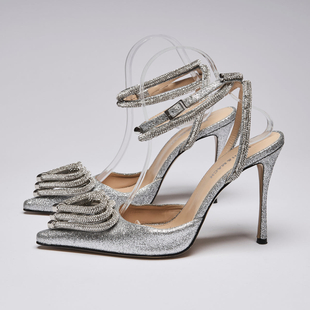 Mach & Mach Silver Glittered Double Crystal Embellished Heart Ankle Strap Heels Size 38.5