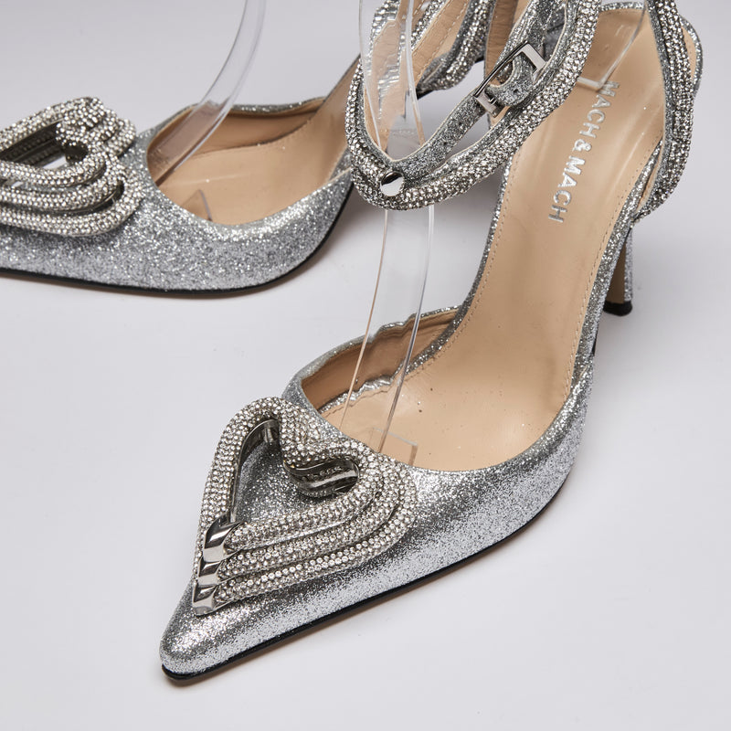 Mach & Mach Silver Glittered Double Crystal Embellished Heart Ankle Strap Heels Size 38.5